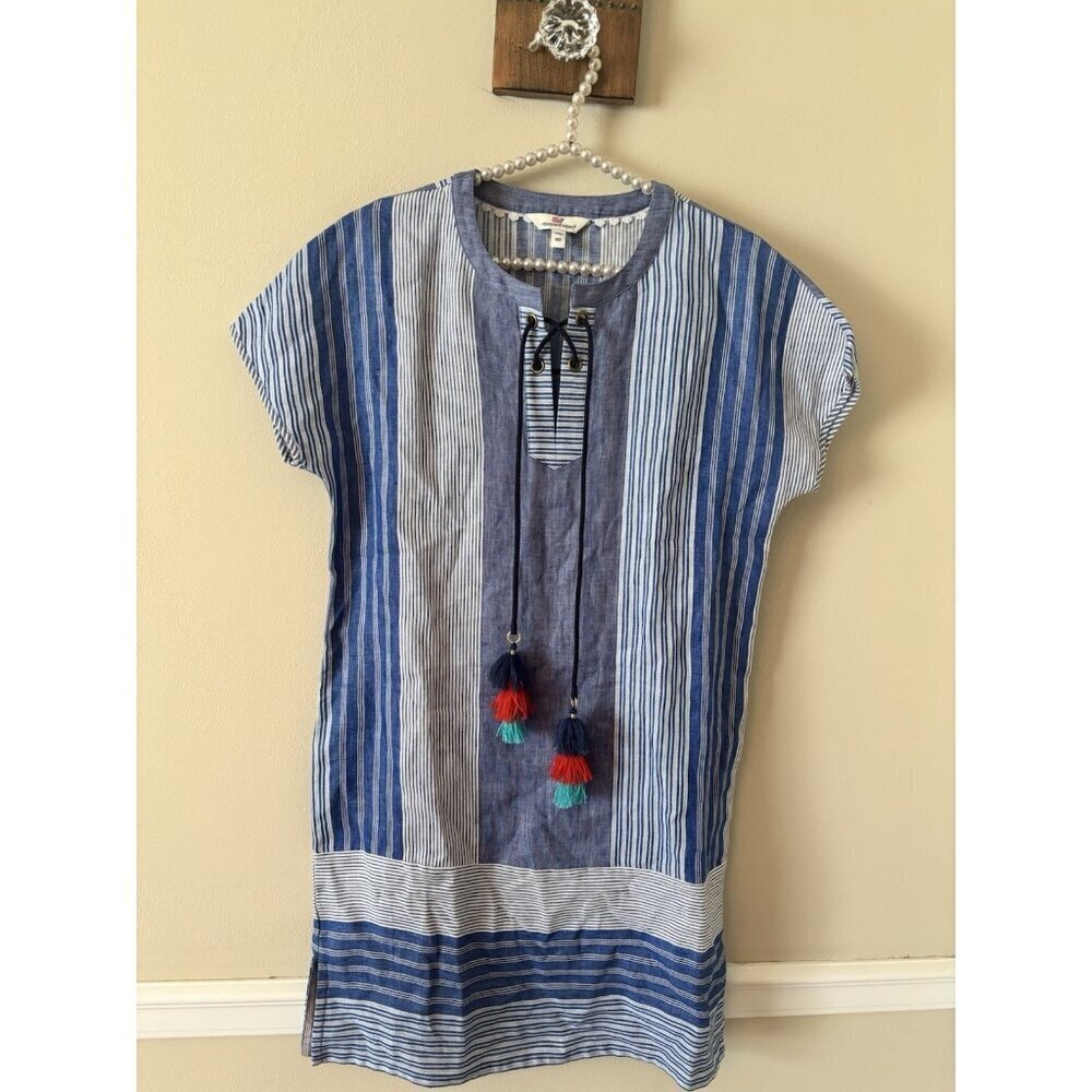 Vineyard Vines Womens Size 00 Blue Stripe Linen Shift Dress Short Sleeve Tassels
